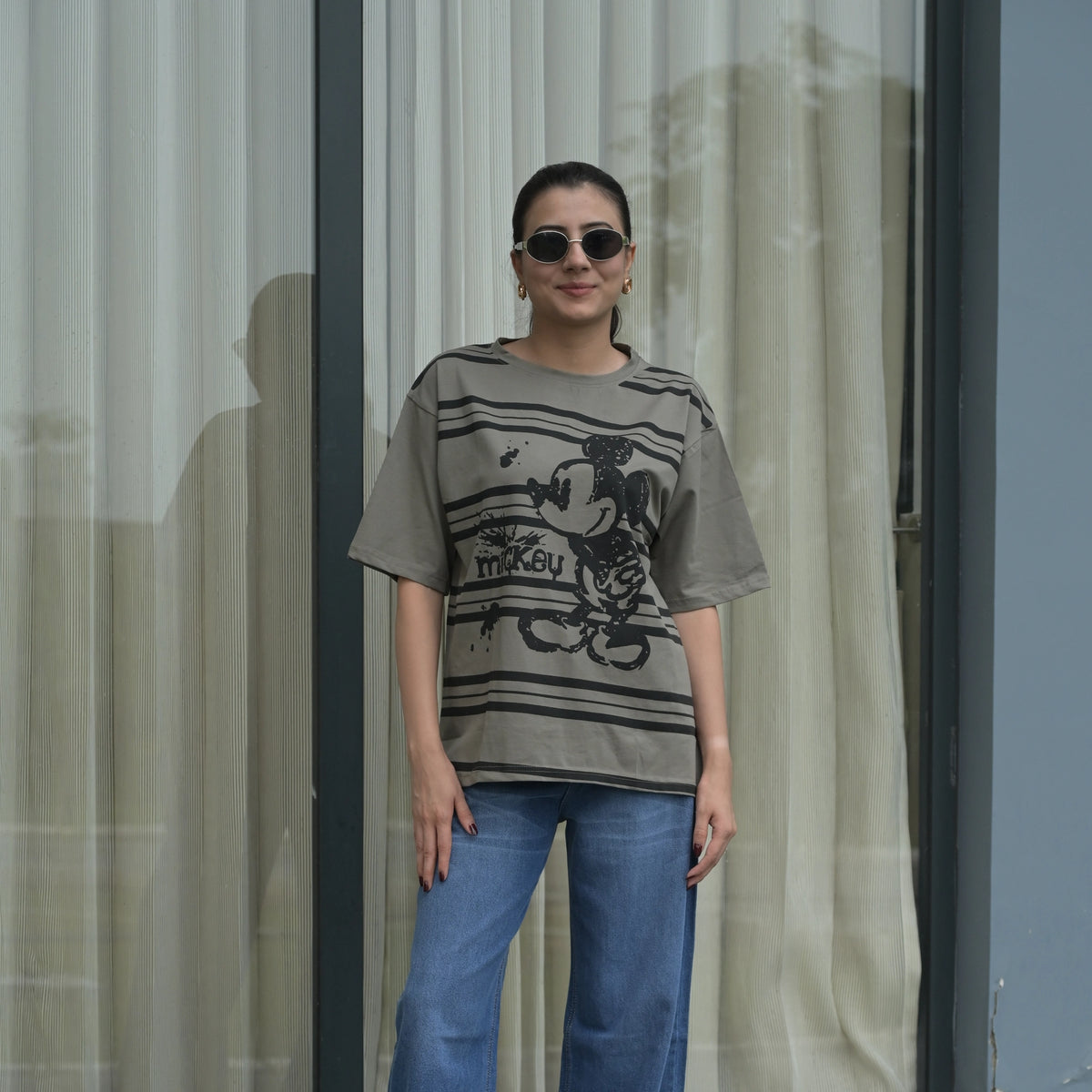 Women's Oversized T-Shirt – Striped Mickey Graphic - image 13