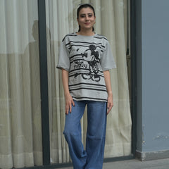 Women's Oversized T-Shirt – Striped Mickey Graphic