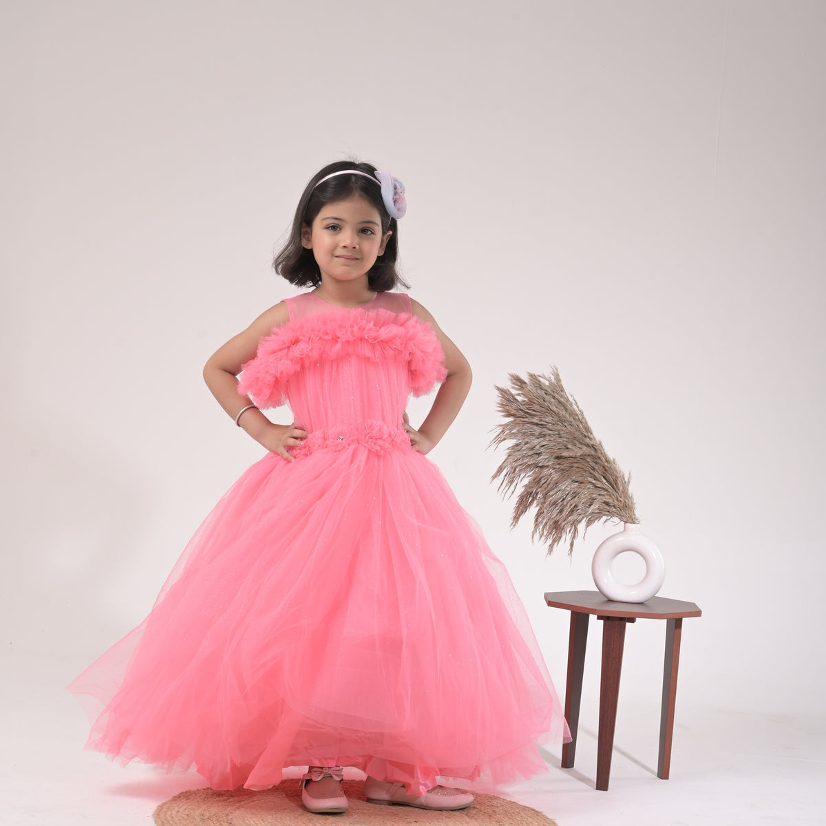 Chic Pink Evening Gown for Girls – Sparkle Net Fabric with Floral Neckline - image 1