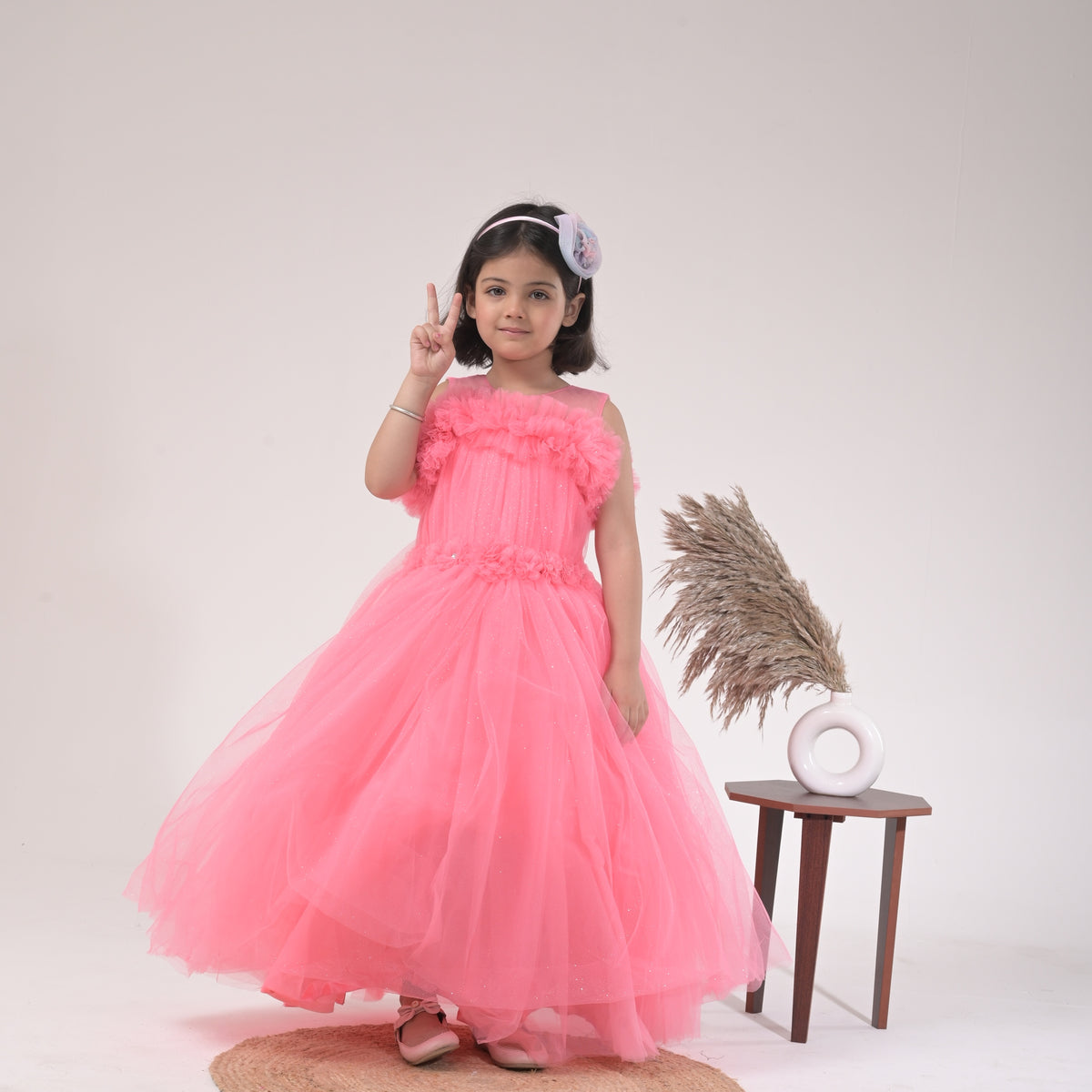 Chic Pink Evening Gown for Girls – Sparkle Net Fabric with Floral Neckline - image 4
