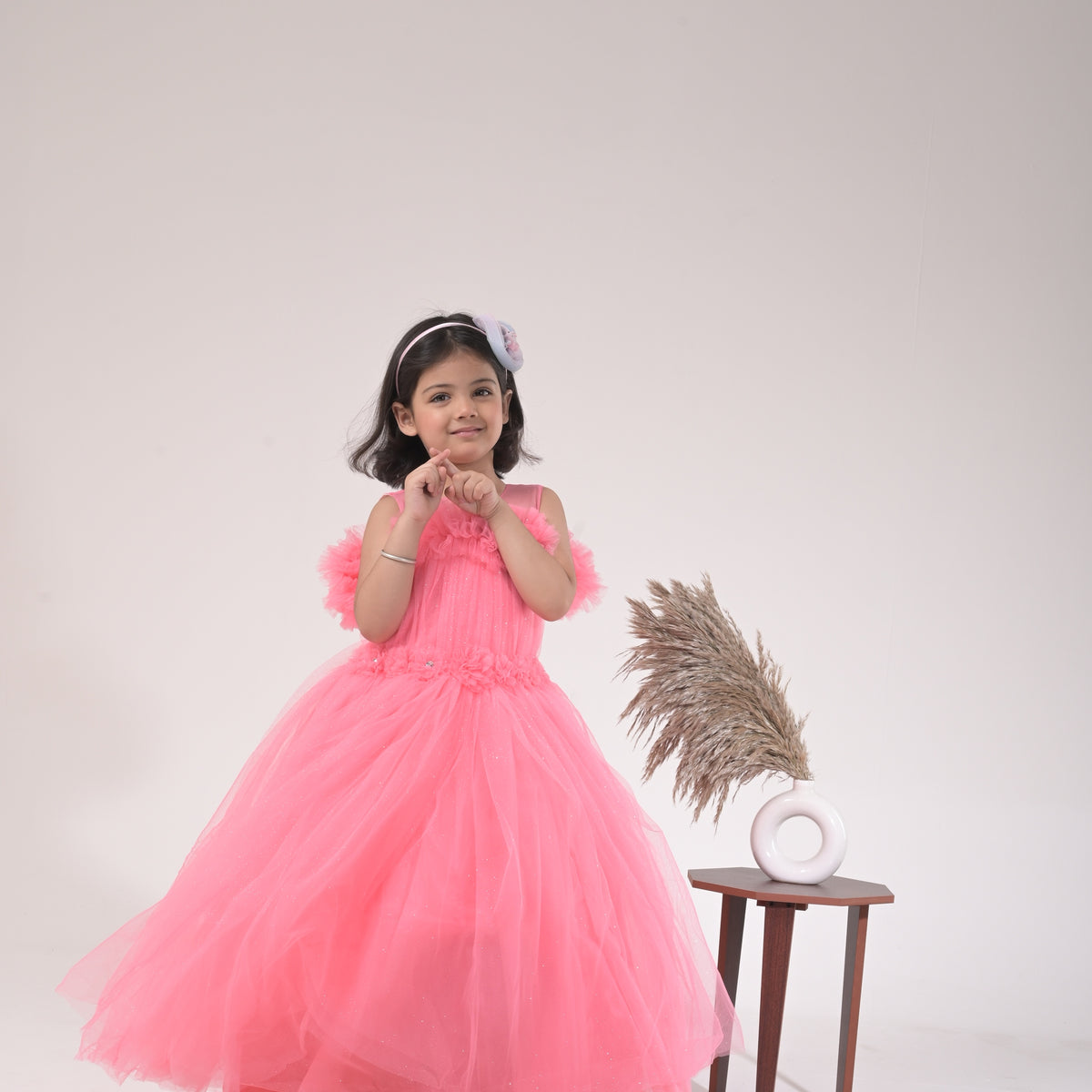Chic Pink Evening Gown for Girls – Sparkle Net Fabric with Floral Neckline