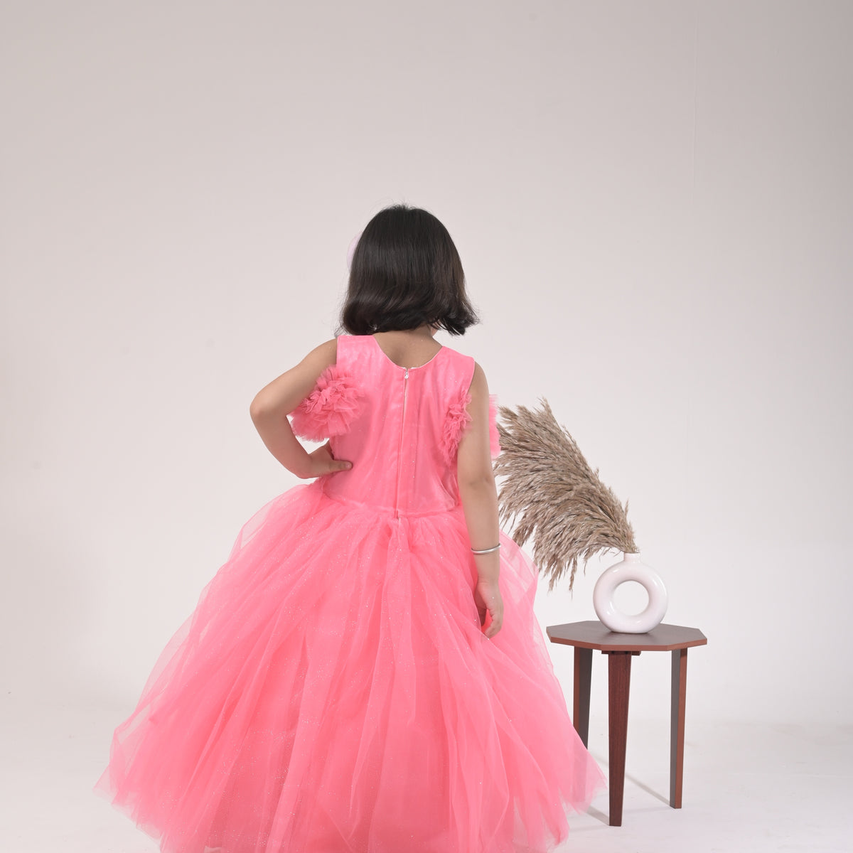 Chic Pink Evening Gown for Girls – Sparkle Net Fabric with Floral Neckline - image 2