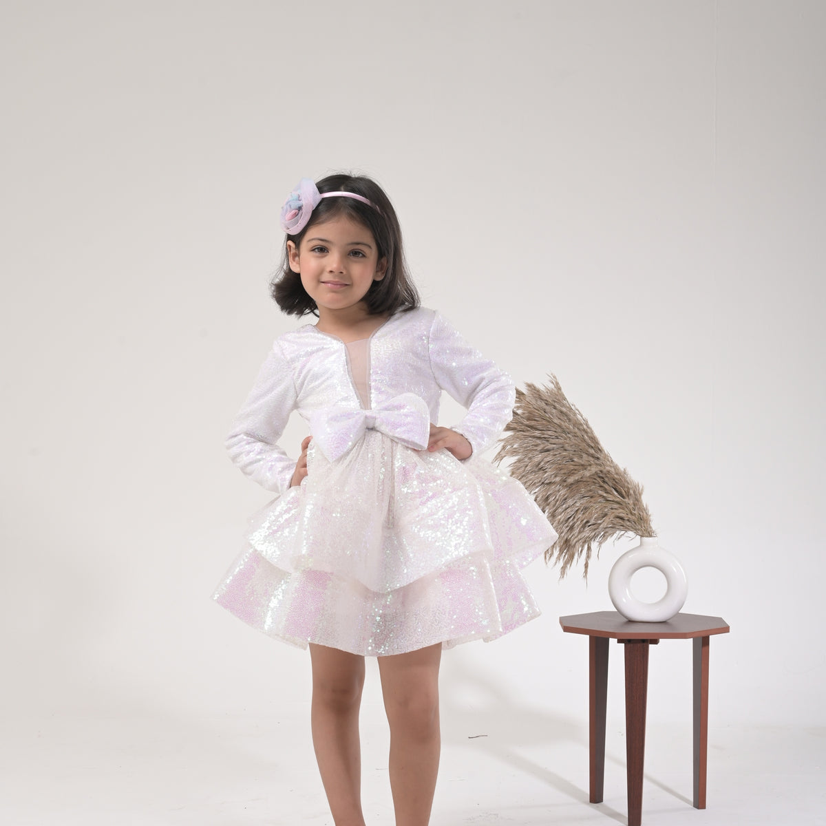 Sage Serenity White Sequin Dress for Girls – Layered Party Frock - image 4