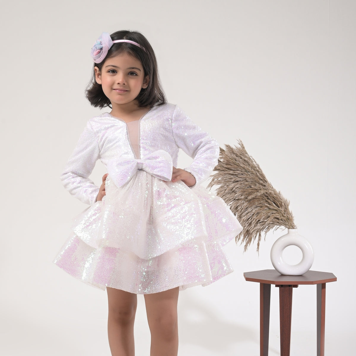 Sage Serenity White Sequin Dress for Girls – Layered Party Frock