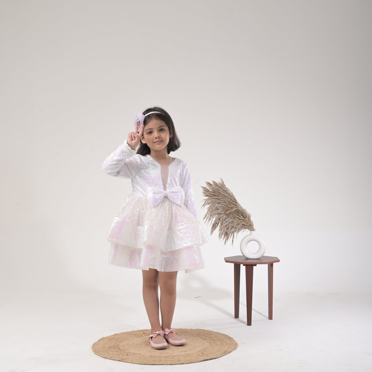 Sage Serenity White Sequin Dress for Girls – Layered Party Frock - image 3