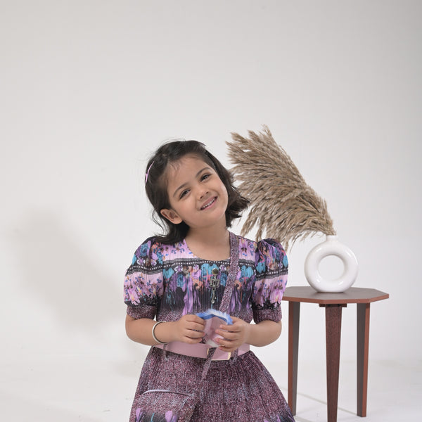 Girls Fashionable Middie Outfit – Pleated Dress, Leggings & Purse Combo