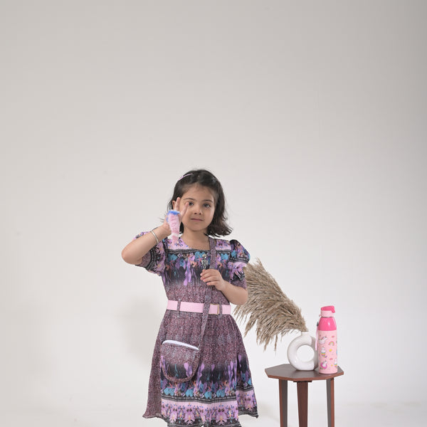 Girls Fashionable Middie Outfit – Pleated Dress, Leggings & Purse Combo