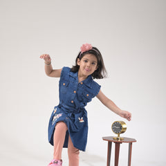 Girls Fashionable Denim Middie Outfit – 3PC Set with Leggings & Purse