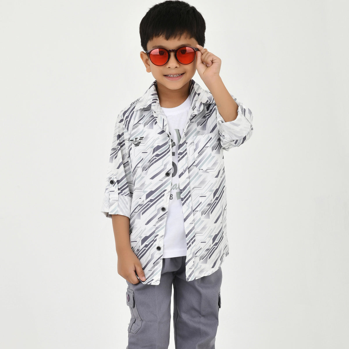 3-Piece Boys' Set – White Graphic Tee, Shirt & Pant Combo - image 1