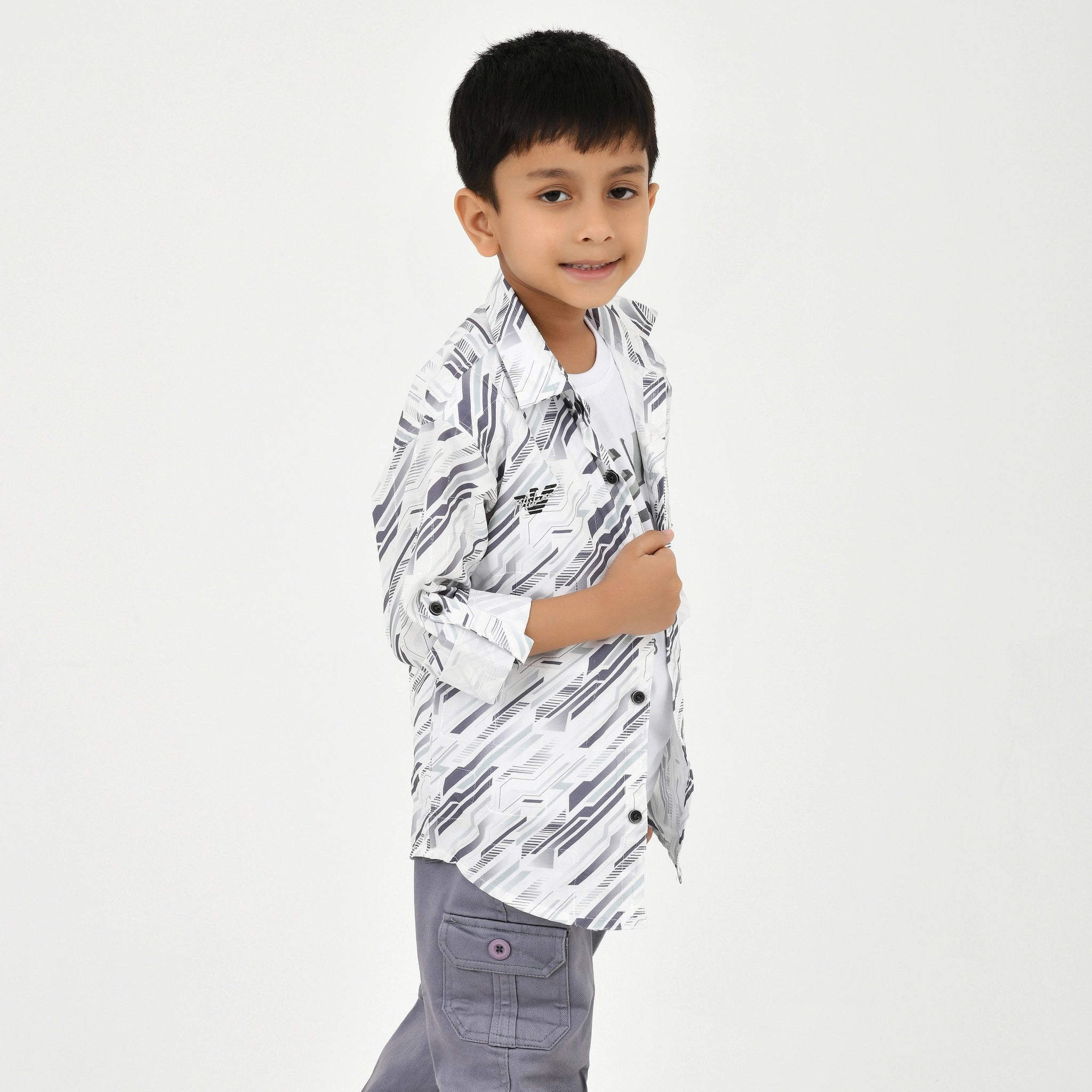 3-Piece Boys' Set – White Graphic Tee, Shirt & Pant Combo