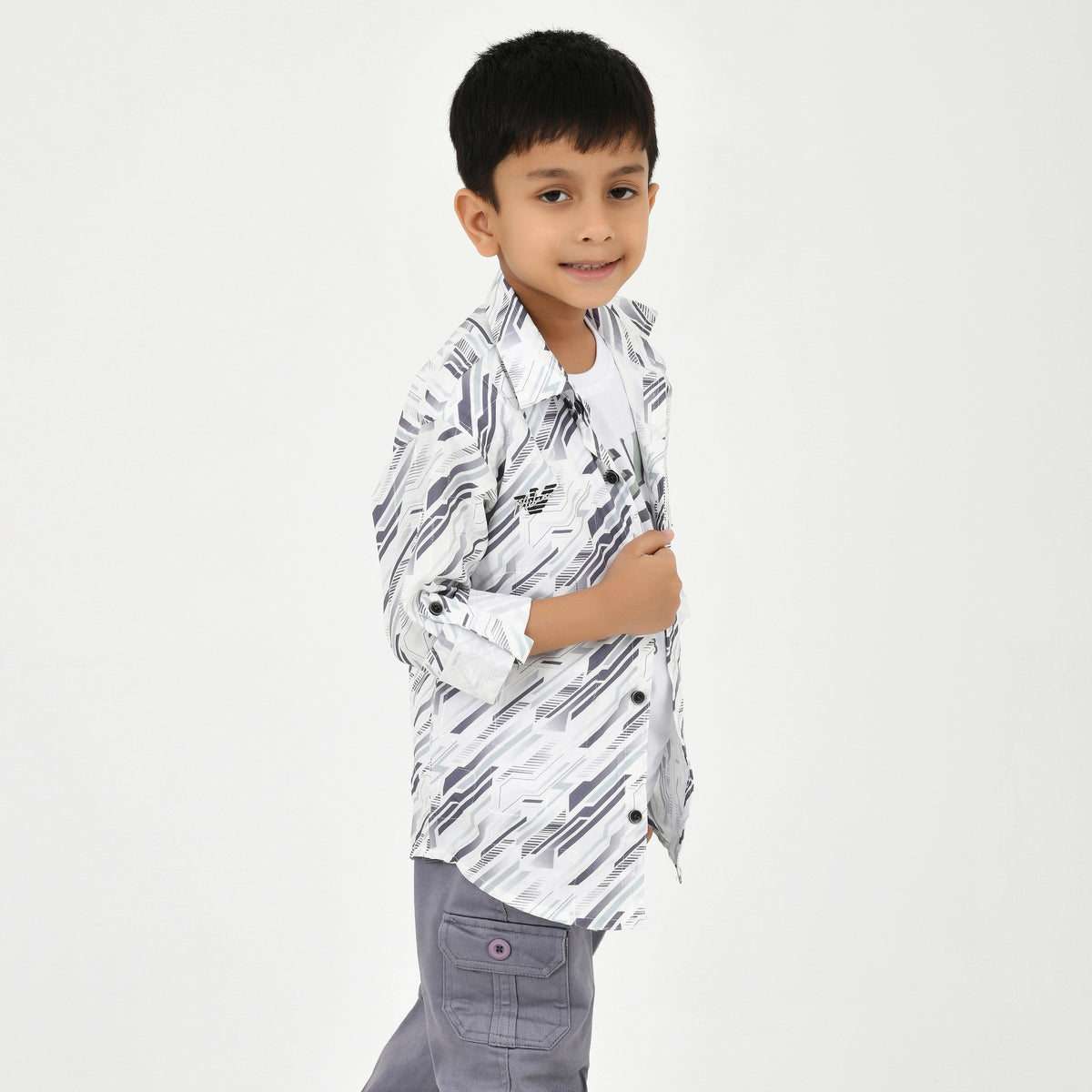 3-Piece Boys' Set – White Graphic Tee, Shirt & Pant Combo