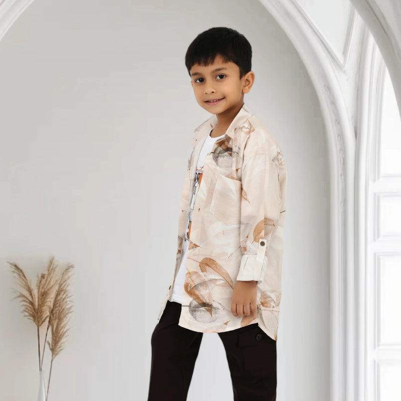 Boys Printed Shirt with Graphic T-Shirt and Casual Pants Set