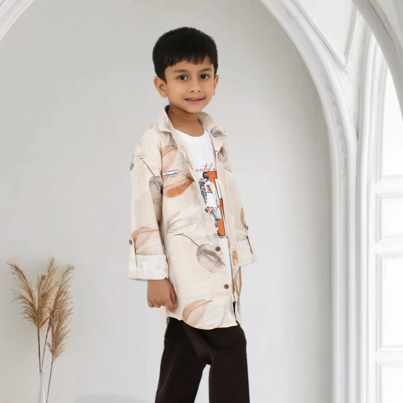 Boys Printed Shirt with Graphic T-Shirt and Casual Pants Set