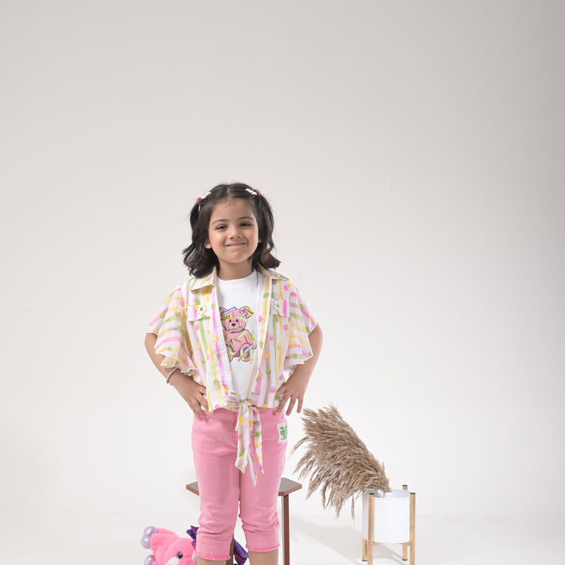 Stylish Girls 3PC Coord Set – Knot Shirt, Rib Top & RFD Shorts