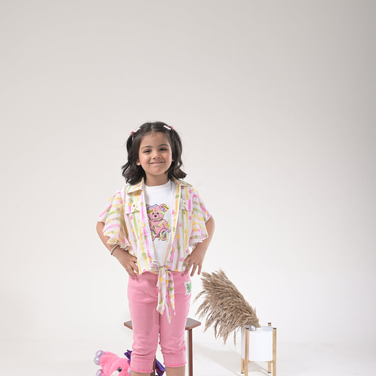 Stylish Girls 3PC Coord Set – Knot Shirt, Rib Top & RFD Shorts - image 1