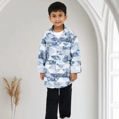 Boys Printed Casual Shirt with Black Pants and Black White Sneakers