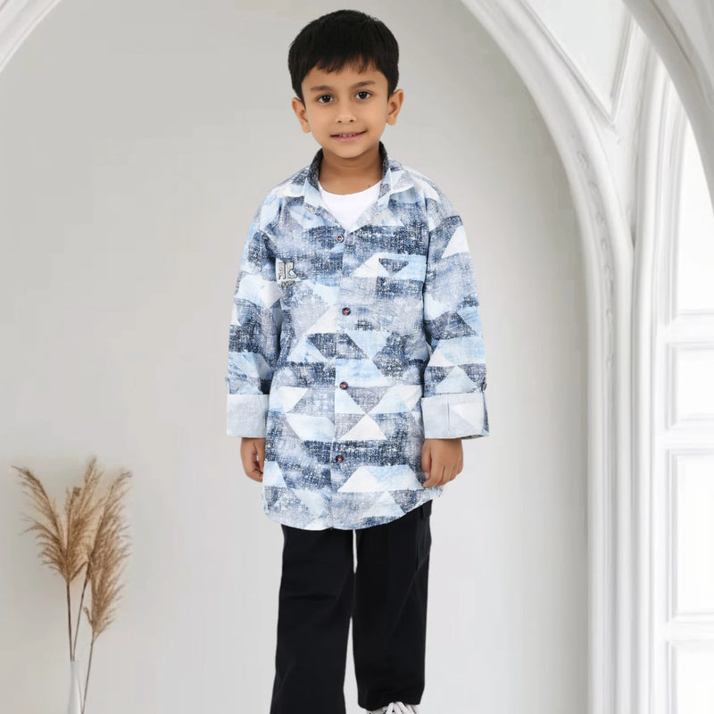 Boys Printed Casual Shirt with Black Pants and Black White Sneakers