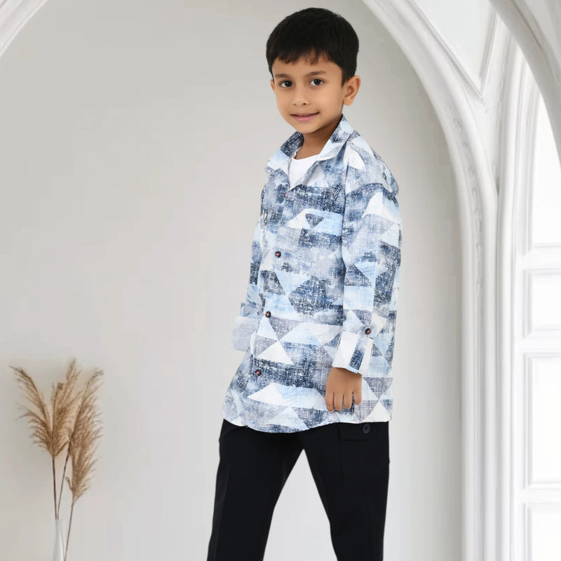 Boys Printed Casual Shirt with Black Pants and Black White Sneakers