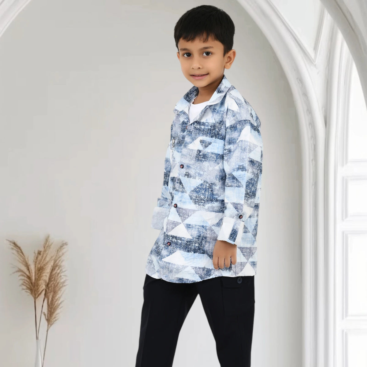 Boys Printed Casual Shirt with Black Pants and Black White Sneakers - image 2