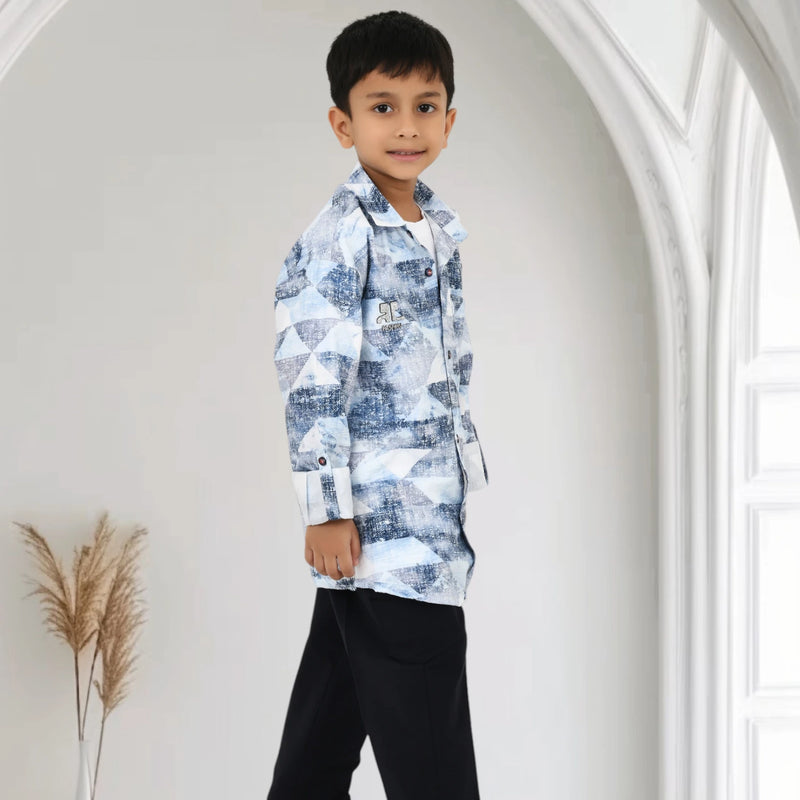 Boys Printed Casual Shirt with Black Pants and Black White Sneakers