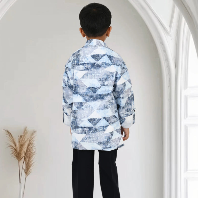 Boys Printed Casual Shirt with Black Pants and Black White Sneakers