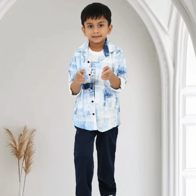 Boys Printed Shirt with Graphic T-Shirt and Casual Pants Set