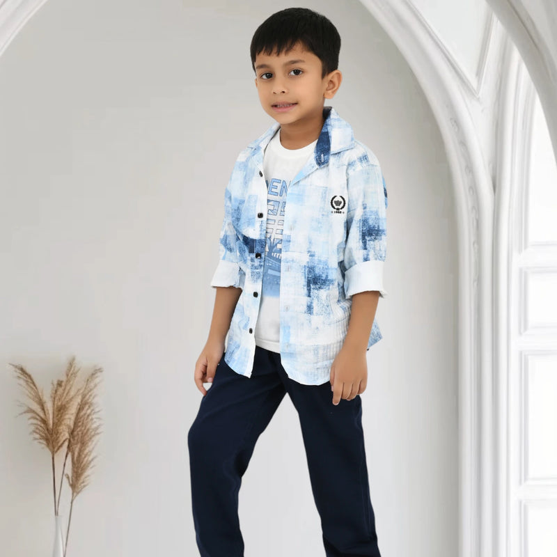Boys Printed Shirt with Graphic T-Shirt and Casual Pants Set