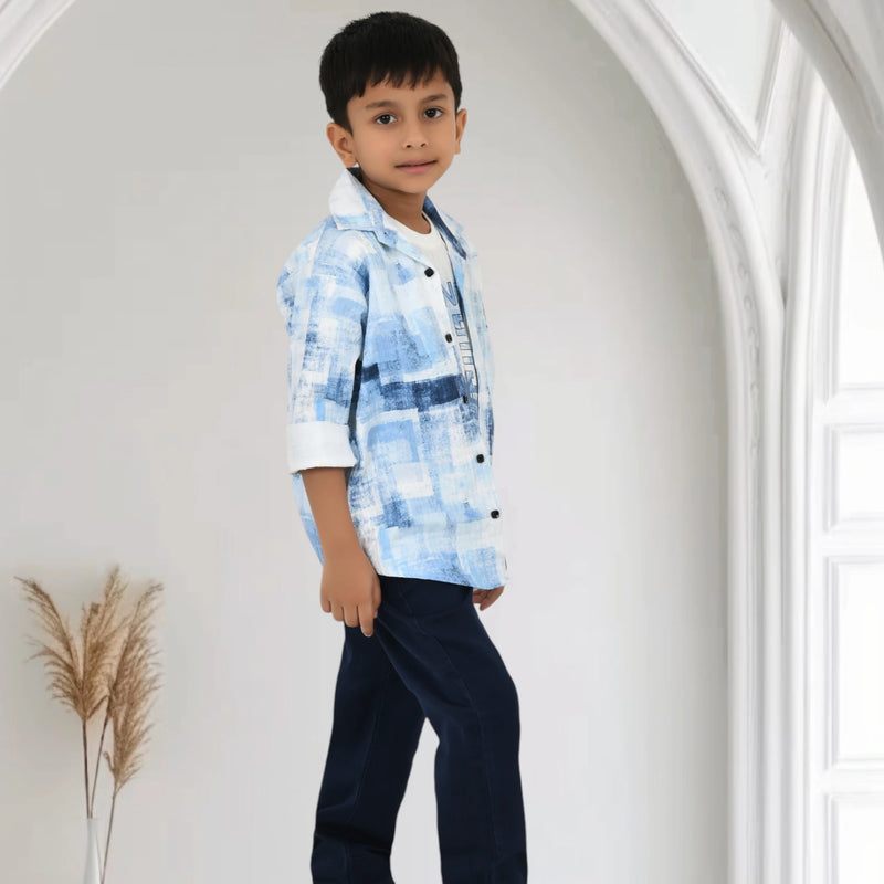 Boys Printed Shirt with Graphic T-Shirt and Casual Pants Set