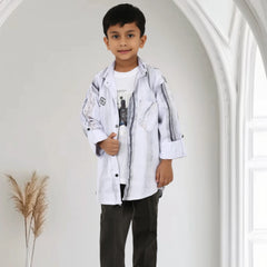 Boys White Printed Shirt with Graphic T-Shirt and Black Casual Pants Set