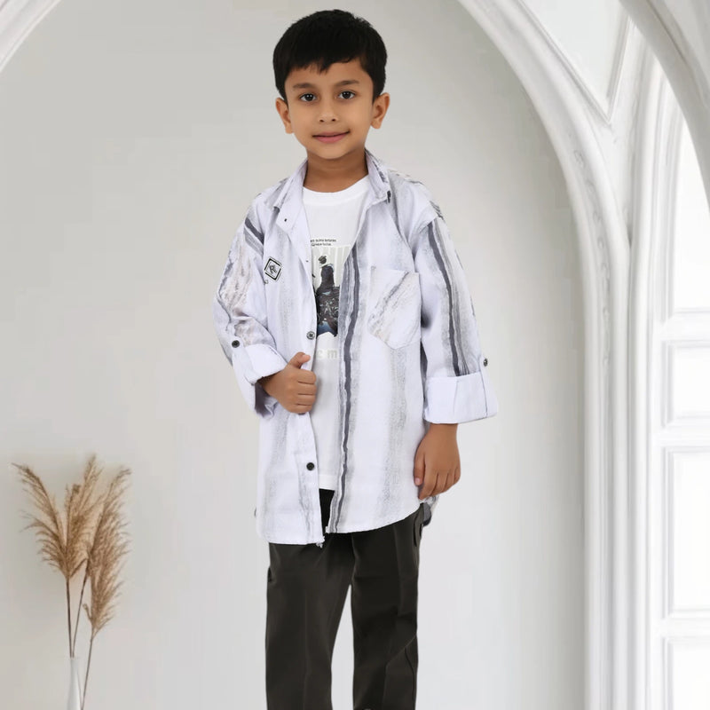 Boys White Printed Shirt with Graphic T-Shirt and Black Casual Pants Set