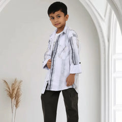 Boys White Printed Shirt with Graphic T-Shirt and Black Casual Pants Set