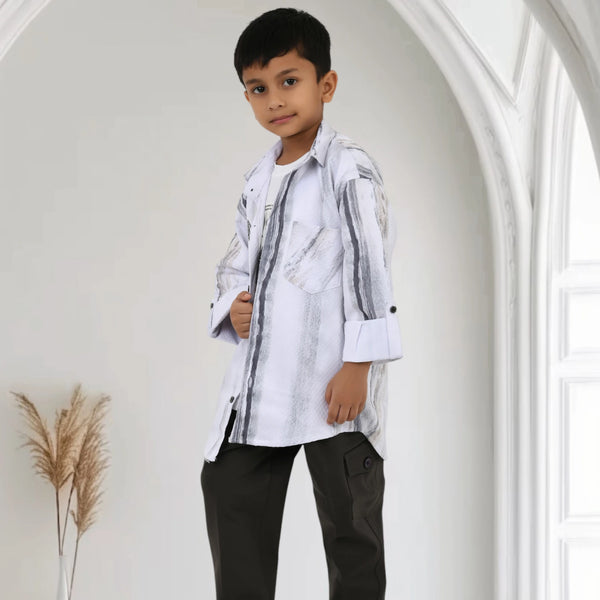 Boys White Printed Shirt with Graphic T-Shirt and Black Casual Pants Set
