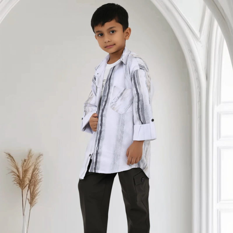 Boys White Printed Shirt with Graphic T-Shirt and Black Casual Pants Set