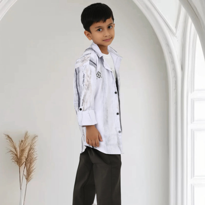 Boys White Printed Shirt with Graphic T-Shirt and Black Casual Pants Set