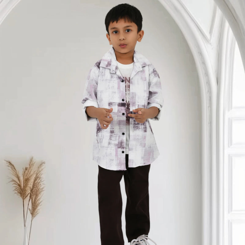 Boys Printed Shirt with Graphic T-Shirt and Casual Pants Set