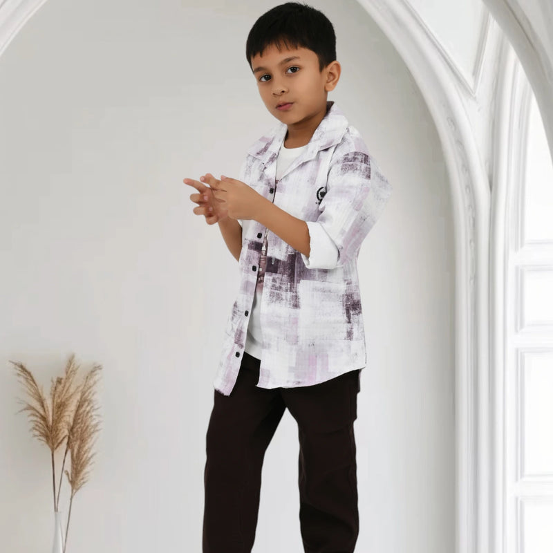 Boys Printed Shirt with Graphic T-Shirt and Casual Pants Set