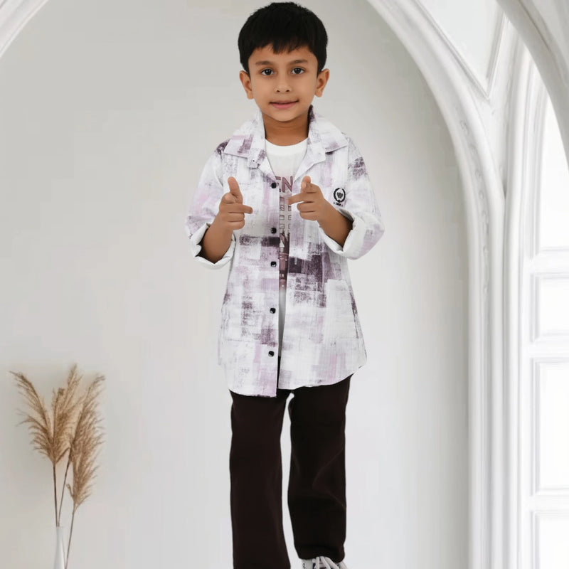 Boys Printed Shirt with Graphic T-Shirt and Casual Pants Set