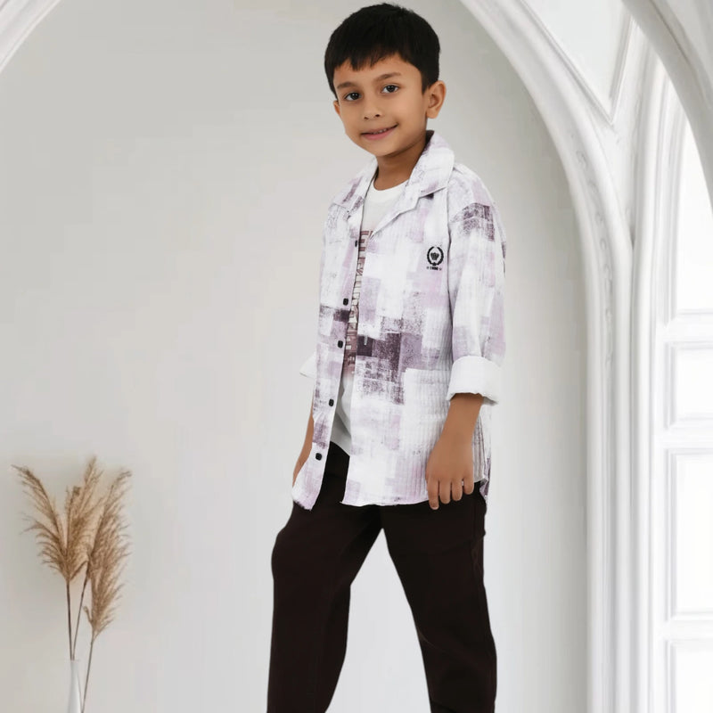 Boys Printed Shirt with Graphic T-Shirt and Casual Pants Set