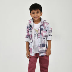 Boys Abstract Printed Shirt with White Graphic T-Shirt, Maroon Pants and Black White Sneakers