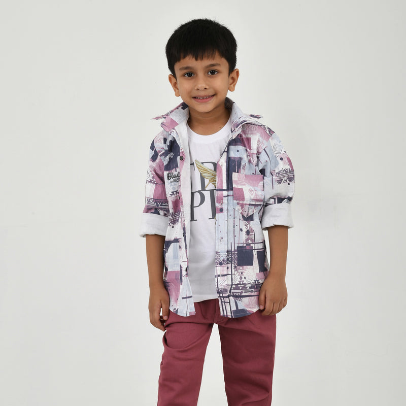 Boys Abstract Printed Shirt with White Graphic T-Shirt, Maroon Pants and Black White Sneakers