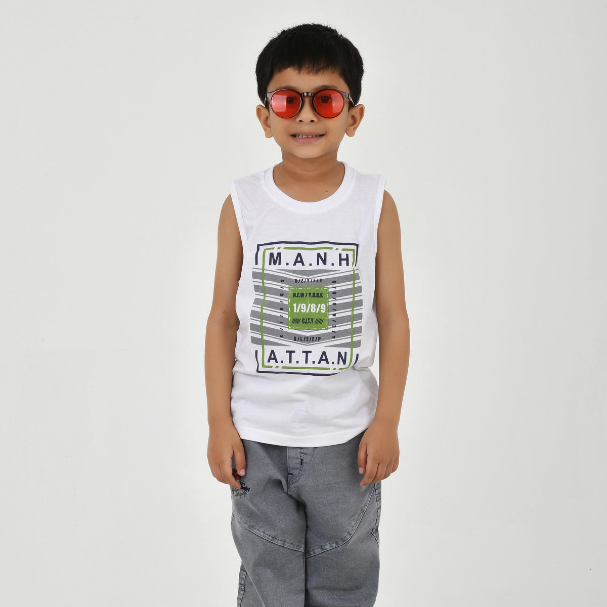Boys Navy Checked Casual Shirt with White Graphic T-Shirt, Grey Jeans and Black White Sneakers - image 4