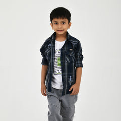 Boys Navy Checked Casual Shirt with White Graphic T-Shirt, Grey Jeans and Black White Sneakers
