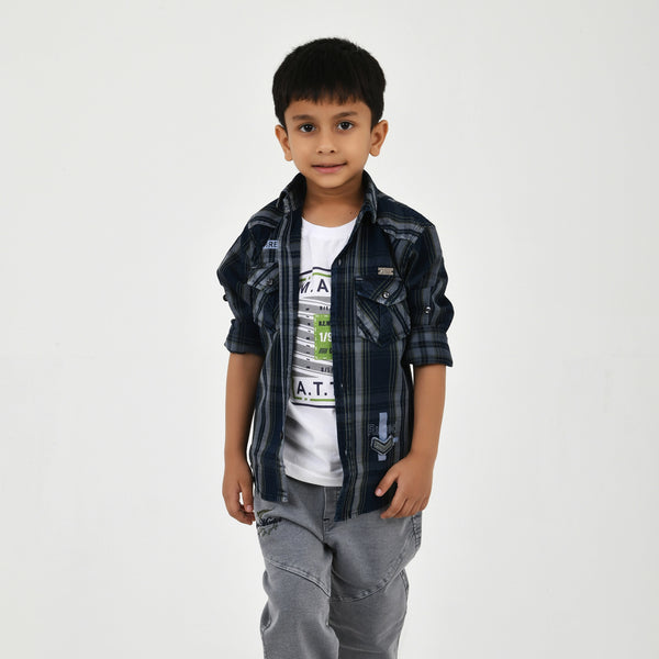 Boys Navy Checked Casual Shirt with White Graphic T-Shirt, Grey Jeans and Black White Sneakers