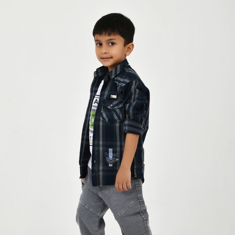Boys Navy Checked Casual Shirt with White Graphic T-Shirt, Grey Jeans and Black White Sneakers