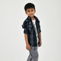 Boys Navy Checked Casual Shirt with White Graphic T-Shirt, Grey Jeans and Black White Sneakers