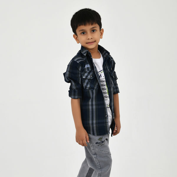 Boys Navy Checked Casual Shirt with White Graphic T-Shirt, Grey Jeans and Black White Sneakers