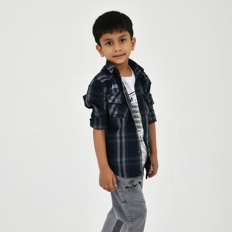 Boys Navy Checked Casual Shirt with White Graphic T-Shirt, Grey Jeans and Black White Sneakers