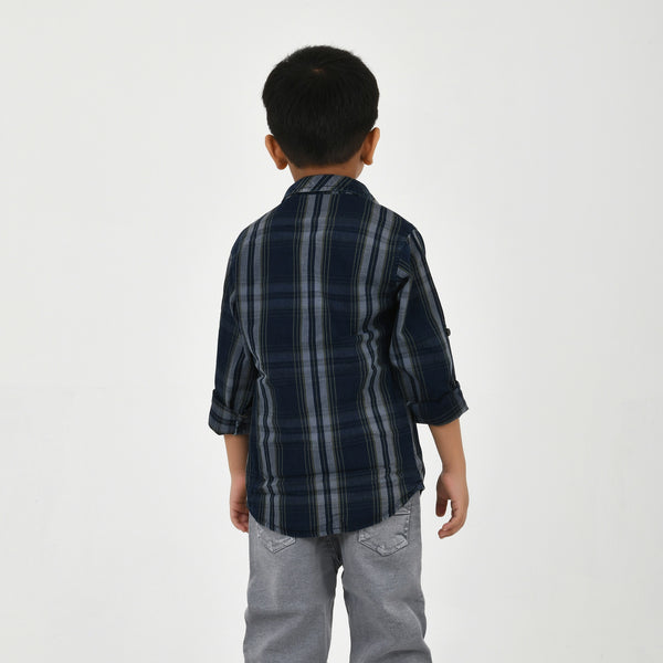Boys Navy Checked Casual Shirt with White Graphic T-Shirt, Grey Jeans and Black White Sneakers