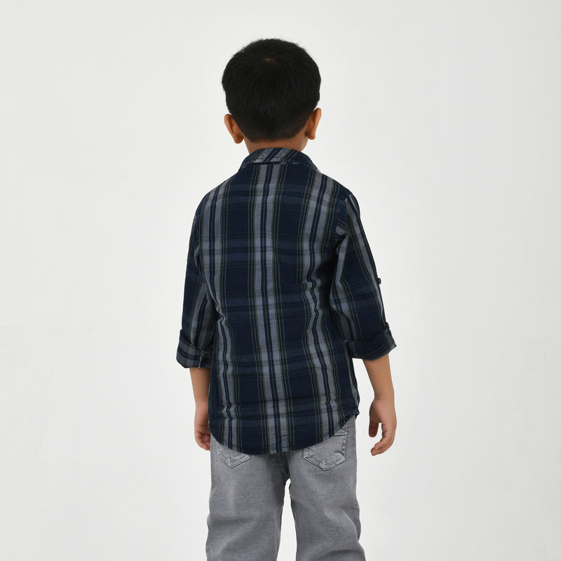 Boys Navy Checked Casual Shirt with White Graphic T-Shirt, Grey Jeans and Black White Sneakers