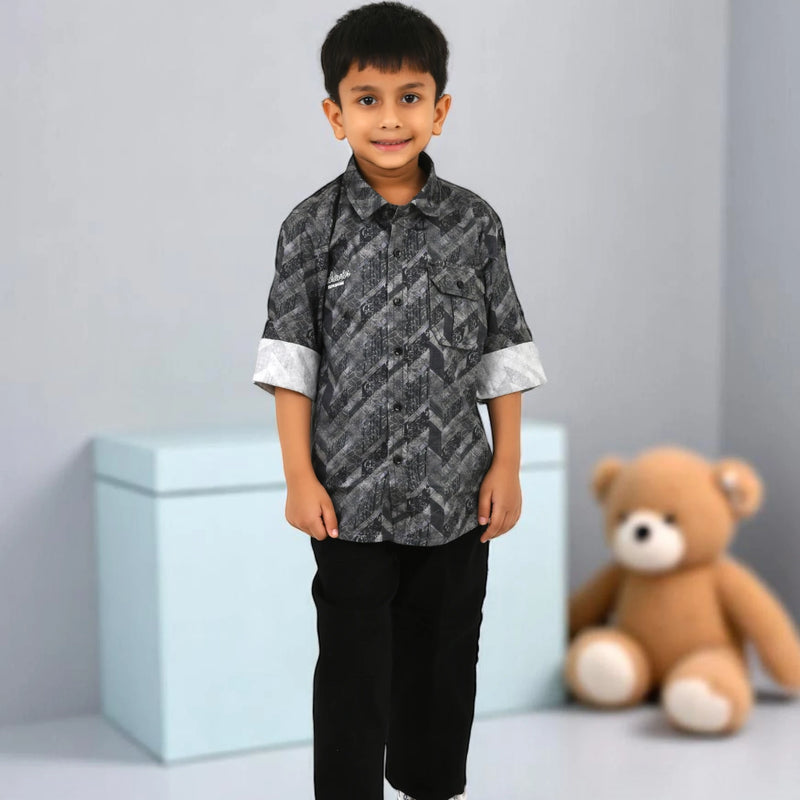 BOYS Stylish Black Printed Shirt with Pants Set | Casual Kids Outfit with Sneakers